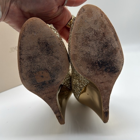 Jimmy  Choo Baxen Woven Metallic Peep Toe Wedge Heels Gold Glitter Size 38 - Picture 10 of 16